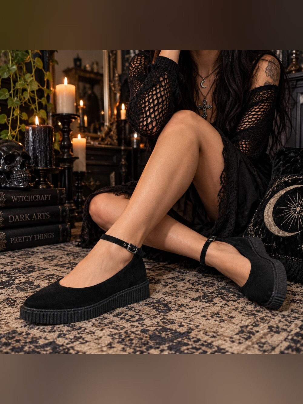T.U.K. Black Pointed Ballet Ankle Strap Creepers Vegan Suede Size 8